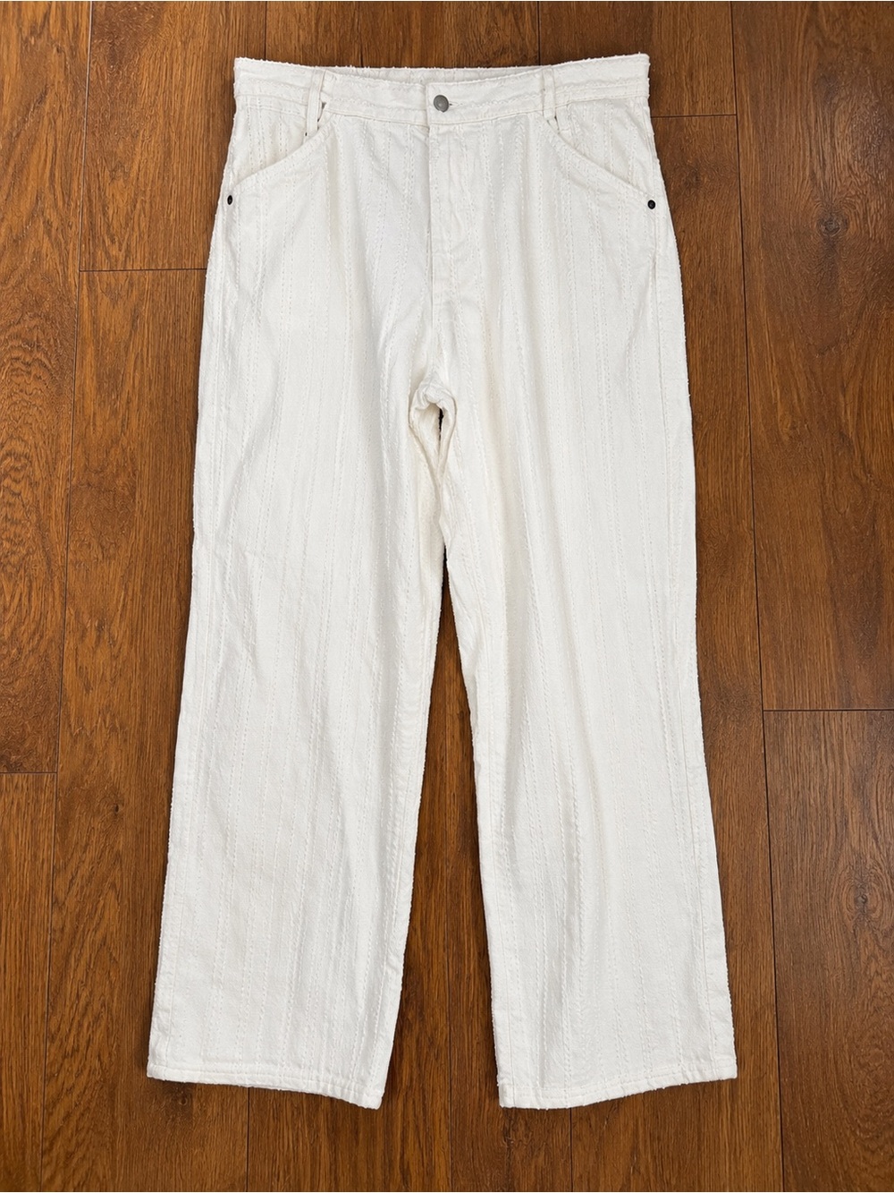 Zara Textured Stripe Straight Leg Jeans in Oyster White Sz 34 NWOT